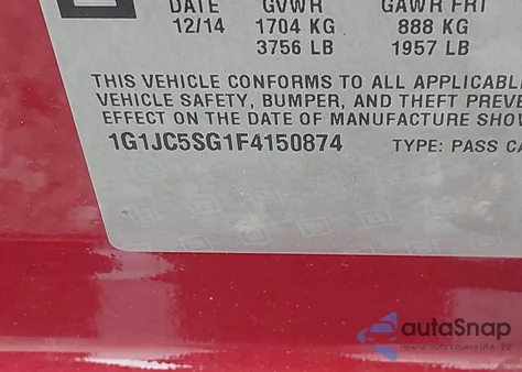 2015 Chevrolet Sonic Lt Auto из США, поврежденный, VIN 1G1JC5SG1F4150874